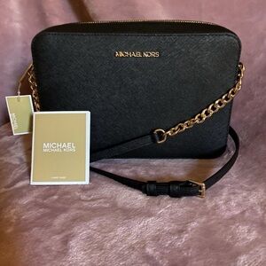 Michael Kors BRAND NEW Elegant Saffiano Black Leather and Gold Chain Handbag